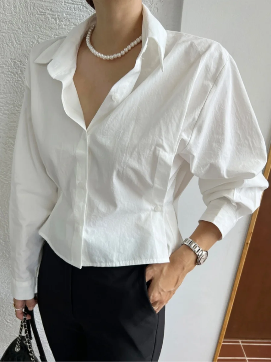 

Chic Autumn ort Pure Color Button Waist Cinched Single Button irt Top Commute Sle Slim Fit Long Sve Collar