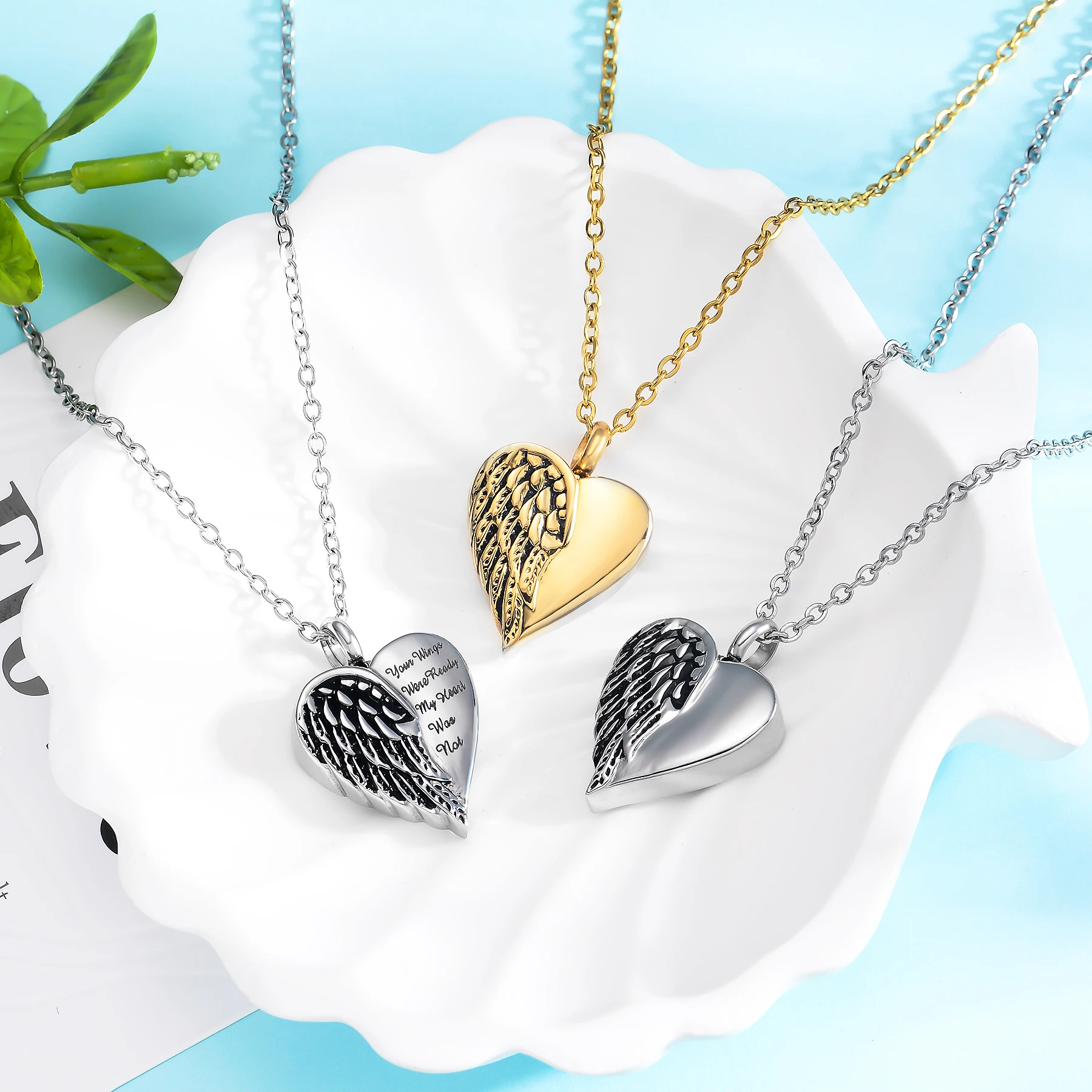Customized Stainless Steel Angel Wing Hold Heart Cremation Urn Necklace Keepsake Memorial Jewelry For Ash