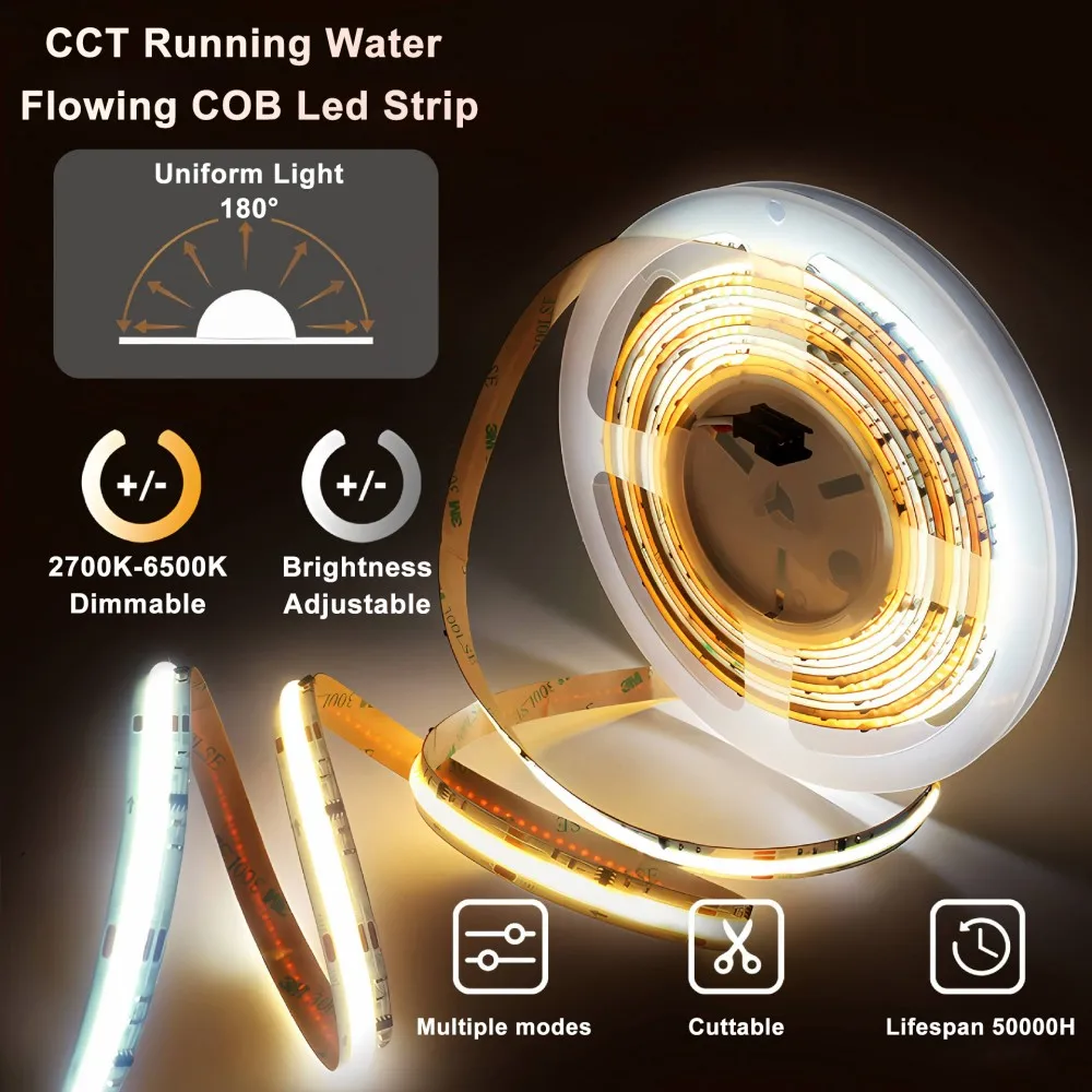 5Meters CCT Dimmable Running Water Flowing Ra90 576leds/m 10MM 24V Cob Led Strip Light