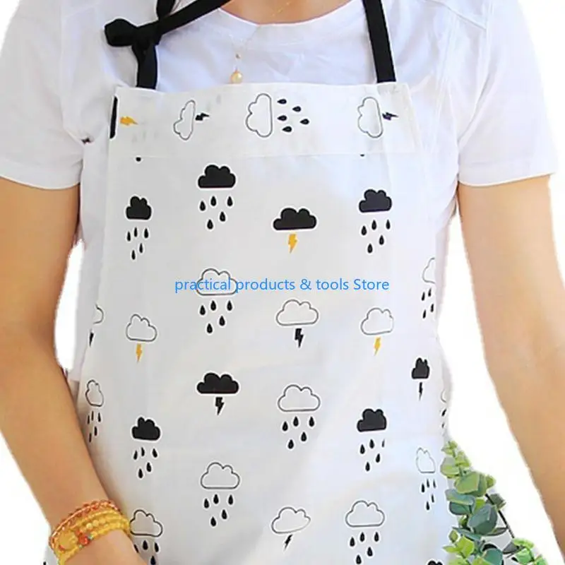 

77JB Full Cotton Kitchen Apron with Pockets Adjustable Cloud Raining Washable Bid