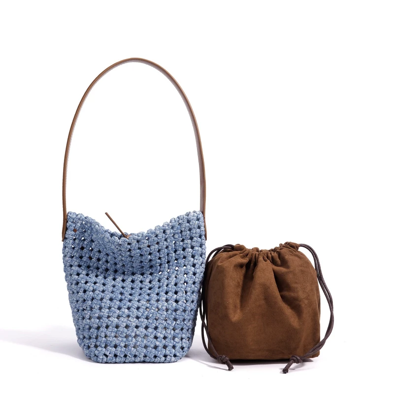 

New Woven Bucket Women Handbags, Large Capacity Hollowed Out Casual Female Shoulder Bag, Versatile Urban Minimalist Tote Bag