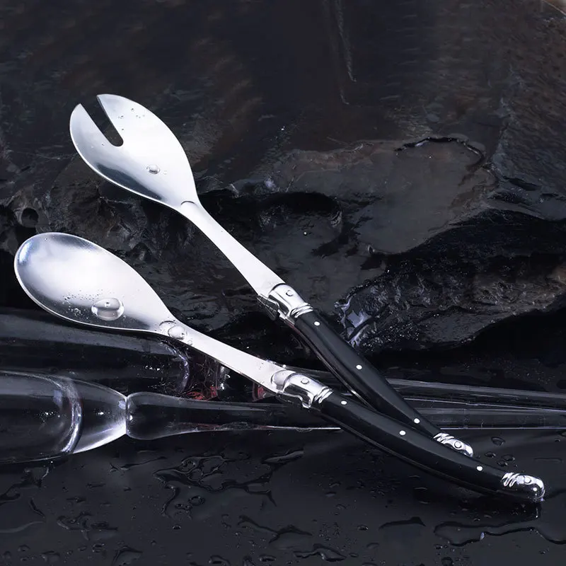

2-Piece Salad Spoon Fork Set Stainless Steel Salad Servers Laguiole Black Plastic Handle European Salad Serving Utensils