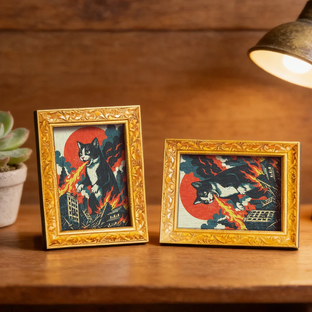 Feuer spuckender Kaiju-Katzen-Kühlschrankmagnet, gerahmte Vintage-Magnetkunst für Küchenkühlschrank & Heimdekoration, lustiges Geschenk – Detail 7