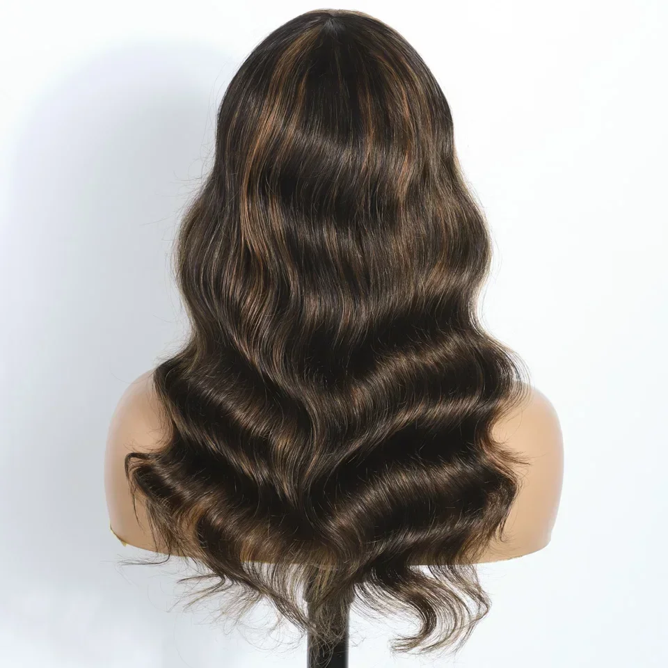 180D Highlight Body Wave Human Hair Wig With Bangs Wear To Go Ombre Blonde Peruvian Body Wavy Human Hair Wigs For Women