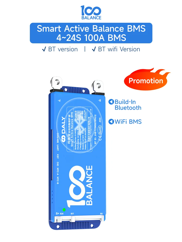 Equilíbrio ativo Bms da exposição esperta do LCD de BMS, LiFePO4, Wi-Fi, Bluetooth, RS485, pode 8S, 10S, 13S, 20S, 24S, 100A, J4, 16S, 48V