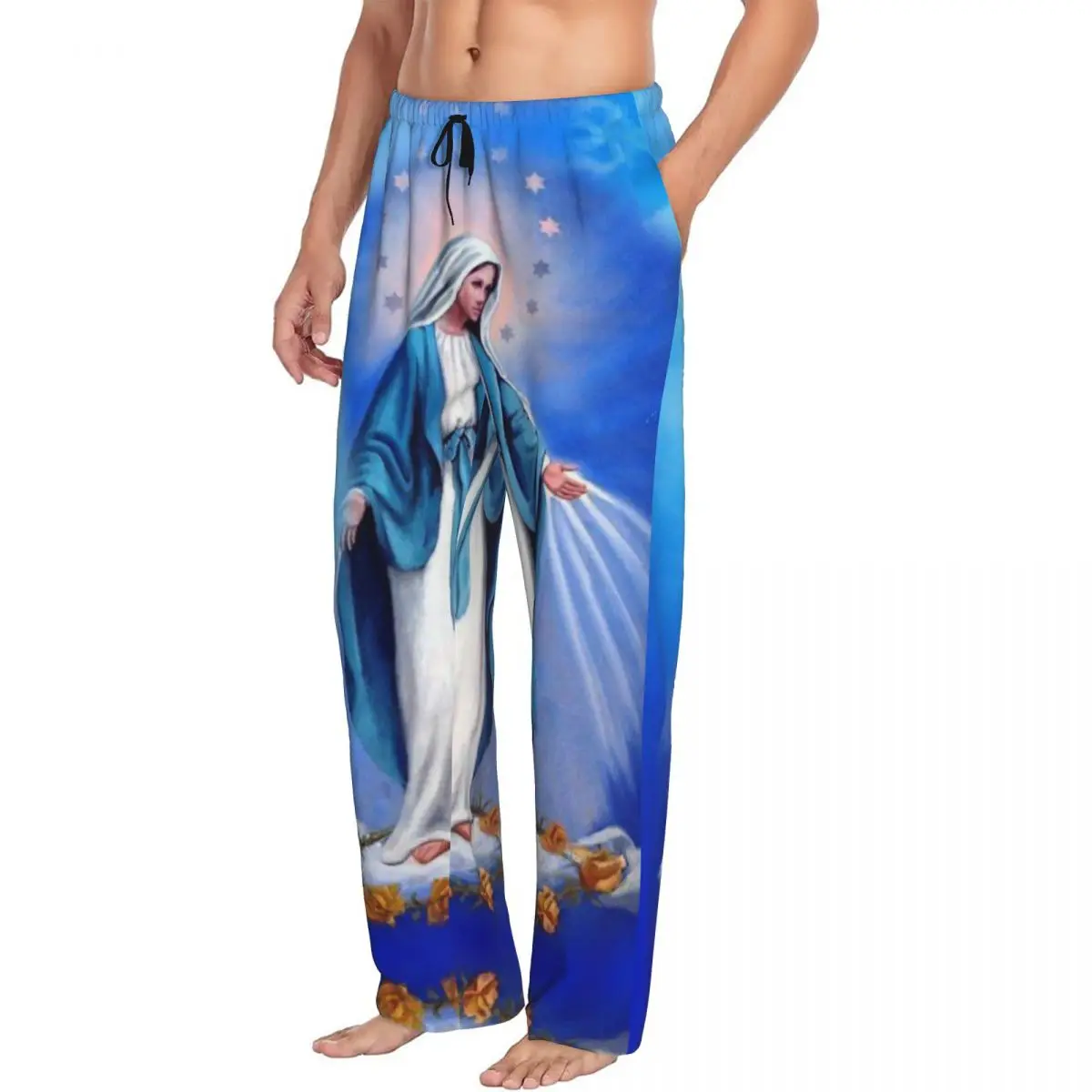 Custom Catholic Virgin Mary Pajama Pants Sleepwear for Men Elastic Waistband Our Lady of Fatima Sleep Lounge Bottoms  Pockets