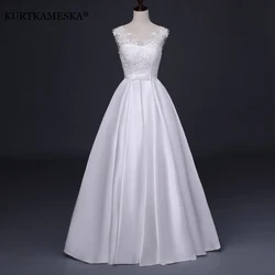 Vestido de noiva de cetim branco para mulheres, elegante renda bordada, vestidos de noite formais, sexy sem encosto, vestido longo de casamento, verão