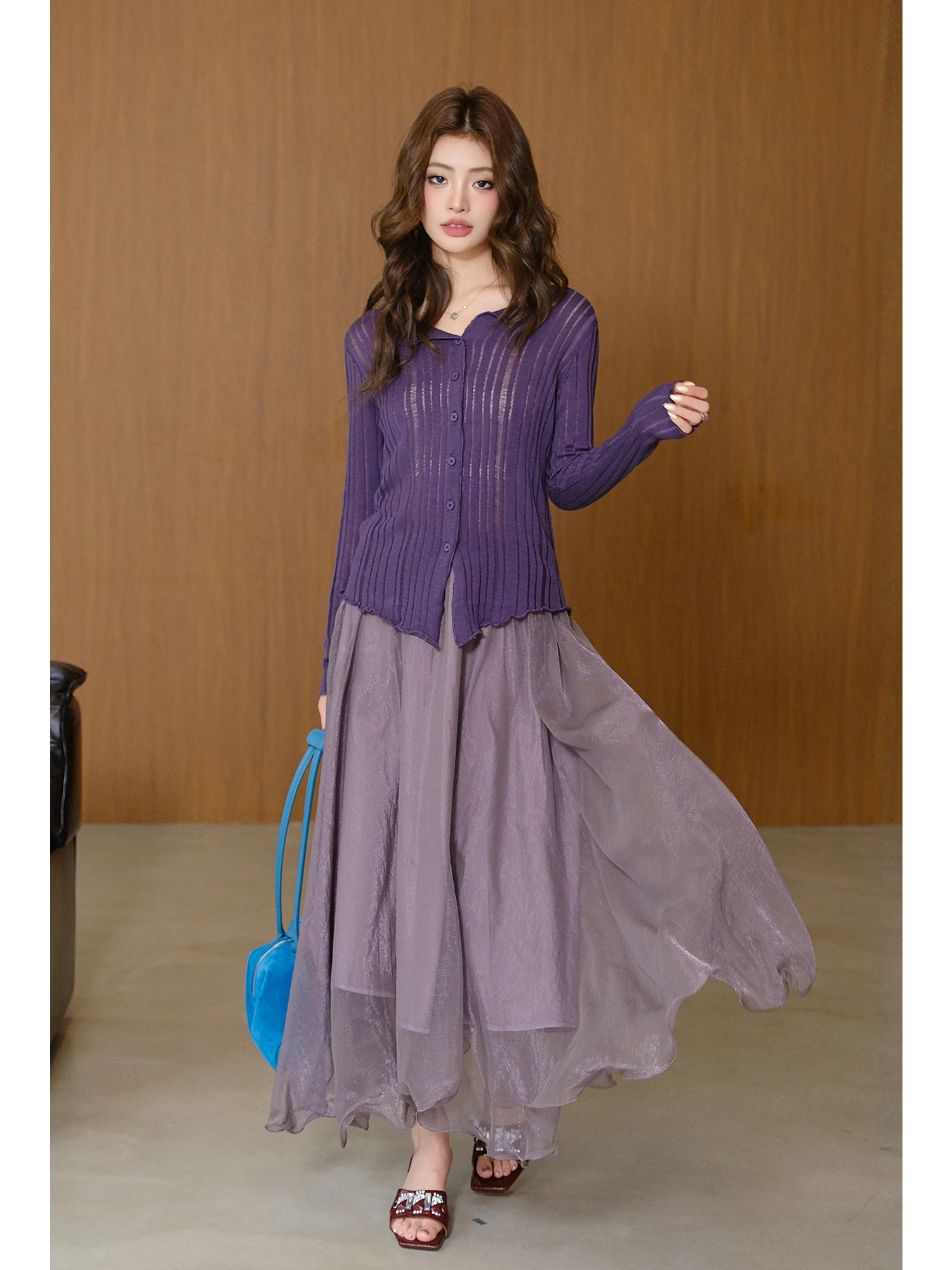 

Легкий вязаный кардиган MIUCO: элегантный стиль, светло-фиолетовый, полупрозрачный, с ажурным узором, дышащая тонкая верхняя одежда для женщин