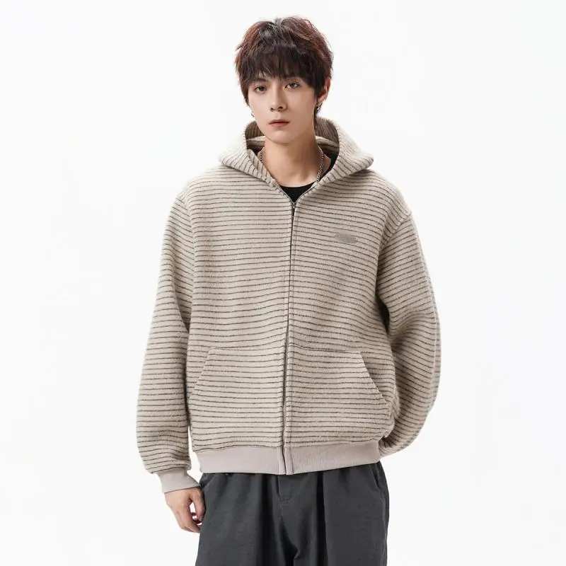 

Oversized Men's Striped Zip Up Hoodie Knit Sweater Jacket Casual Streetwear Long Sleeve Cardigan for Daily Wear Clothing