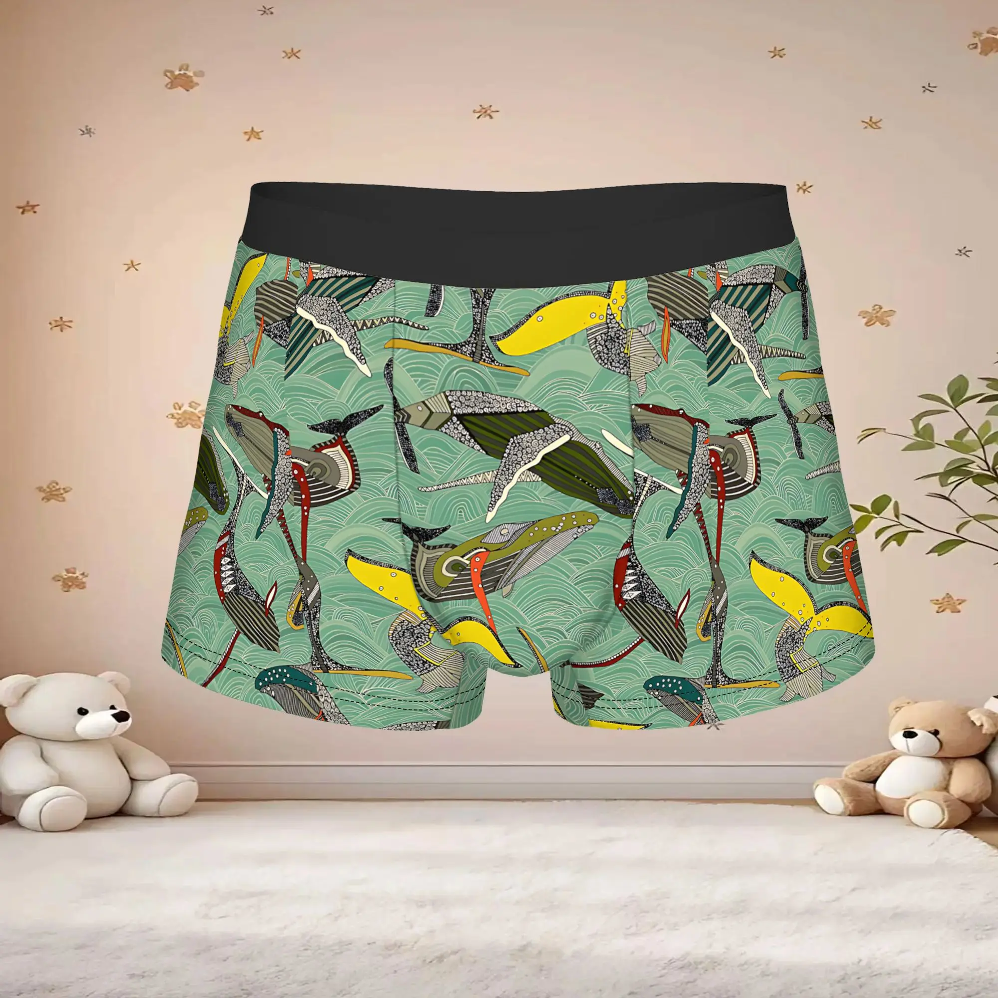 1pc Popular Whales And Waves Jade boxers  Novelty Panties Men's Underwear Print Shorts Boxer Briefs