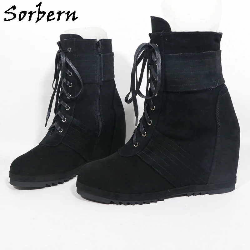 Sorbern Black Fake Suede Ankle Women Boots Women High Heel Round Toe Platform Shoes Hidden Wedge Heel Custom Plus Size 47 48