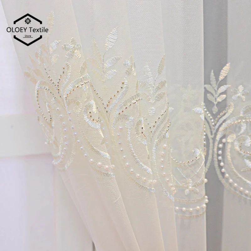 

Simple Modern Luxury White Sheer Curtain with Pearl Embroidery for Living Room Bedroom Light Blocking Sunscreen for Balcony