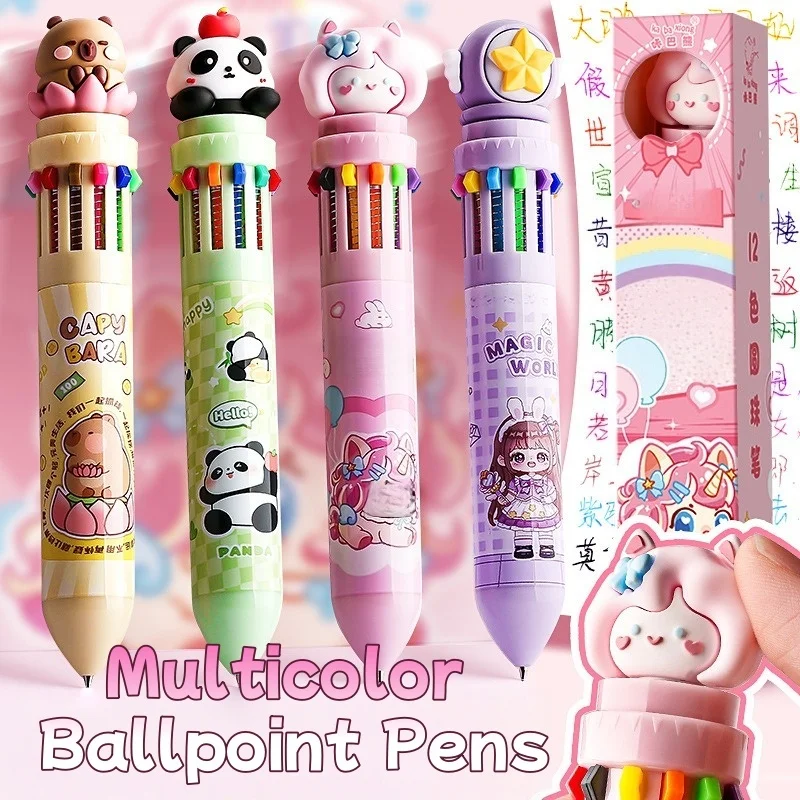 

12-Color Retractable Cartoon Ballpoint Pen for Students Multicolor Ballpoint Pens for Journaling Note-Taking Tool
