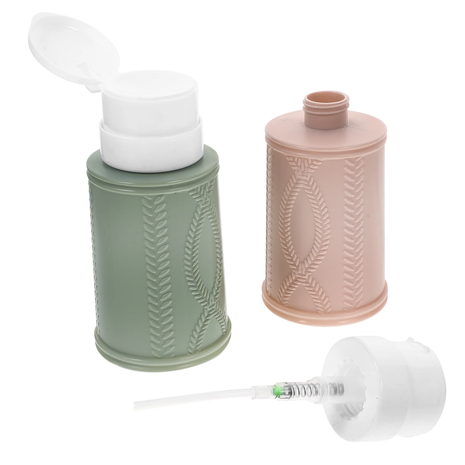 

2pcs Nail Polish Remover Bottles Leak Proof Push Down Pump Dispensers Empty Green Khaki Travel Size Refillable Containers