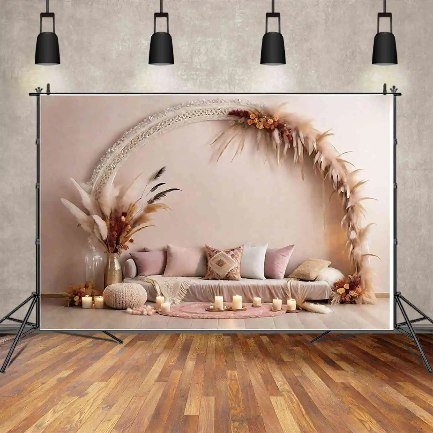 MOON.QG Modern Living Room Birthday Background Children's Arch Boho Feather Backdrop Custom Party Decoration Photography Props