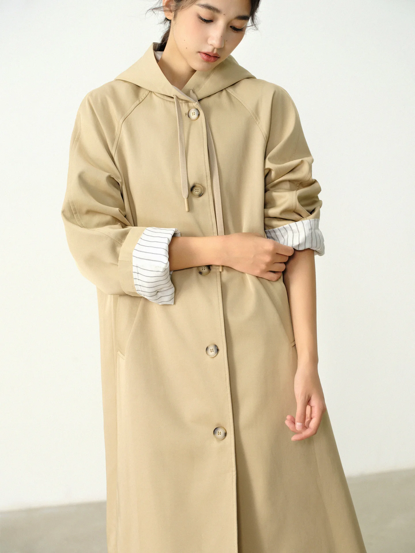 Khaki Hooded Trench Coat Women Autumn Loose Long Overcoat Elegant Casual Outwear High Waist Slimming Relaxed Fit Jacket Ladies