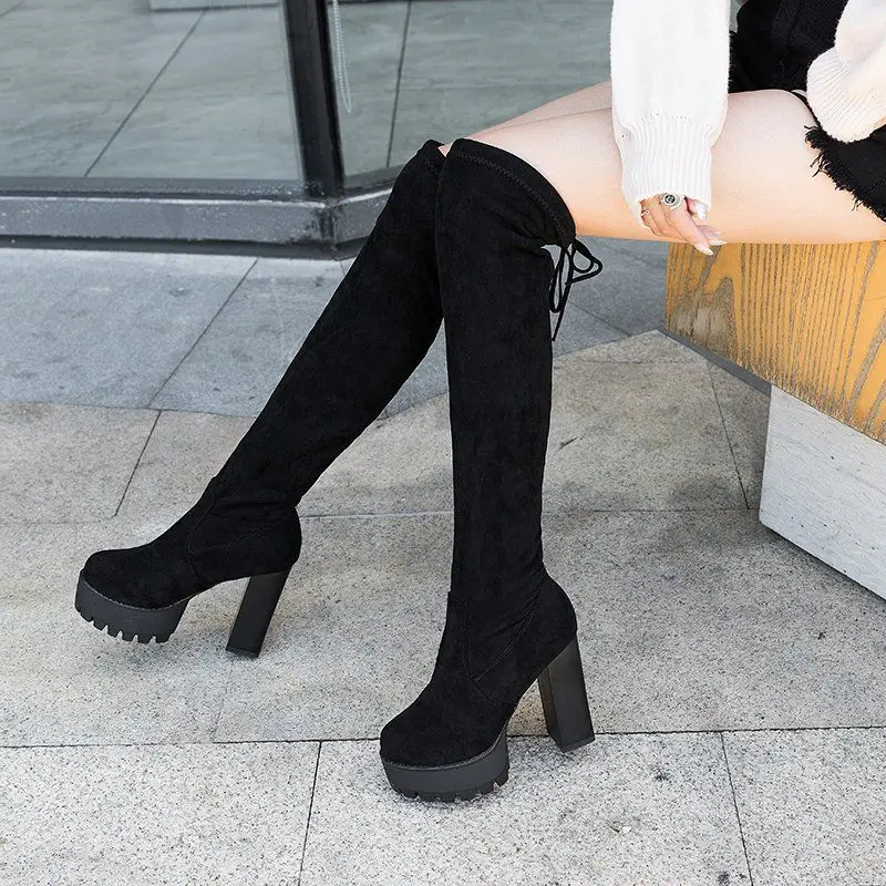 

Black Elastic Platform​ Over-The-Knee Boots for Women 2025 Autumn Winter Non-Slip Chunky Heel Slimming Long Boots​