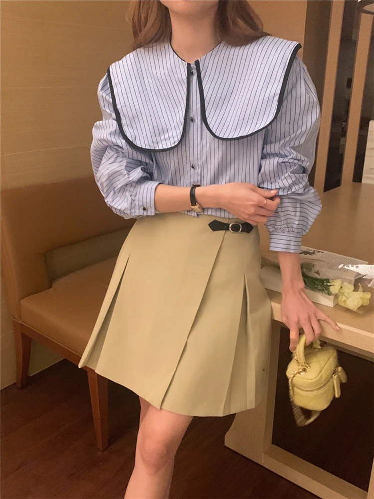 Colorfaith BL10096 New 2024 Striped Oversized Turn-down Collar Chic Korean Fashionable Women Spring Summer Blouses Shirts Tops