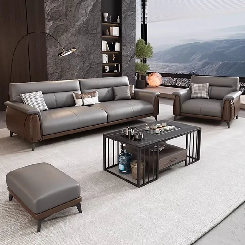 Italian-style High-end Minimalist Design Business Meeting Three-seater PU Leather Sofa Coffee Table Set Home Office Living Room