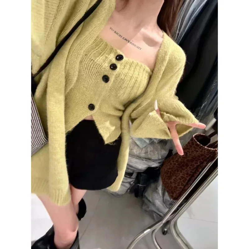 Sexy Tube Top Cardigan Women's Autumn and Winter New Gentle Soft Waxy Lazy Wind Sweater-2 PCS SET