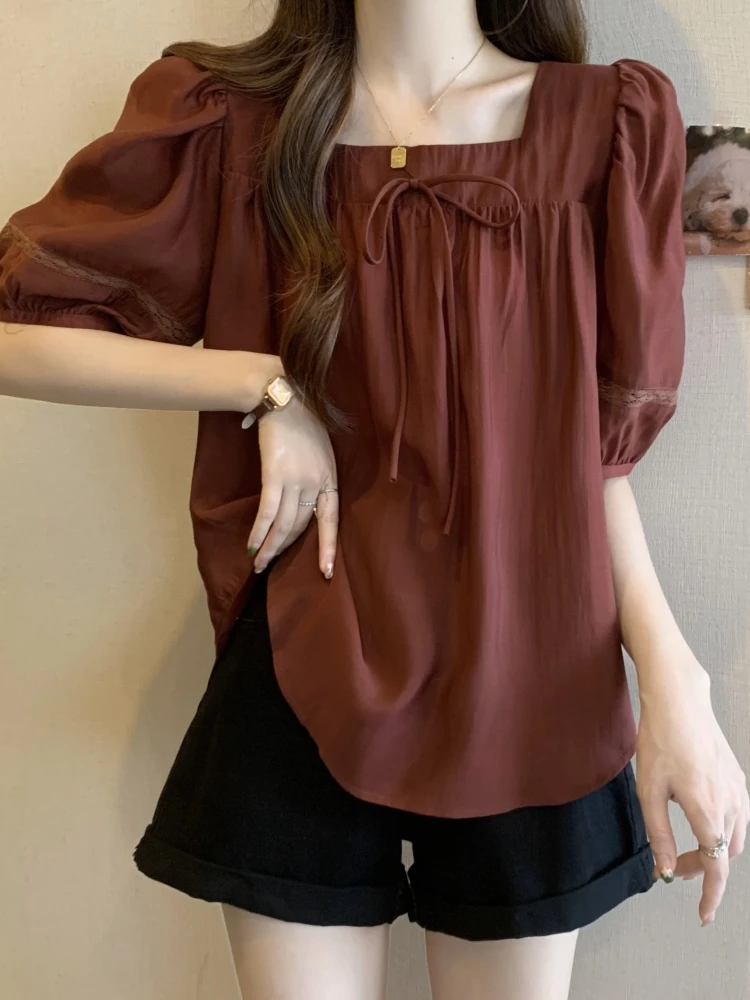 

Summer Women's Bubble Sleeve Chiffon Shirt Short Sleeve Square Collar Slimming T-Shirt Korean Style Loose Fit Casual Wear