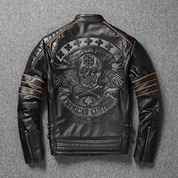 2023 New Skull Embroidery Men's First Layer Cowhide Leather Jacket Motorcycle Slim Oversize Coat
