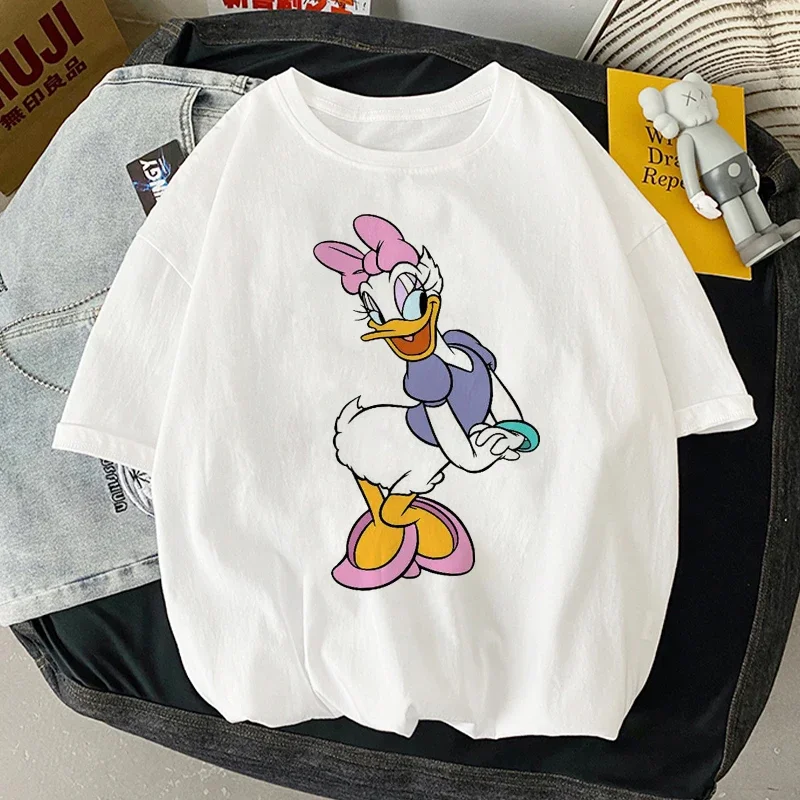 Disney Summer New T-Shirt Donald Duck Daisy Duck Cartoon Printed Women O-Neck Pullover T-Shirt Short Sleeve Streetwear Tees Tops