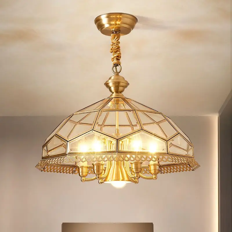 Village Bronze Pendant Light Deco Glass Hanging Lamp D50cm H35cm Modern Retro Modern Living Room Lamp Restaurant Bedroom Light