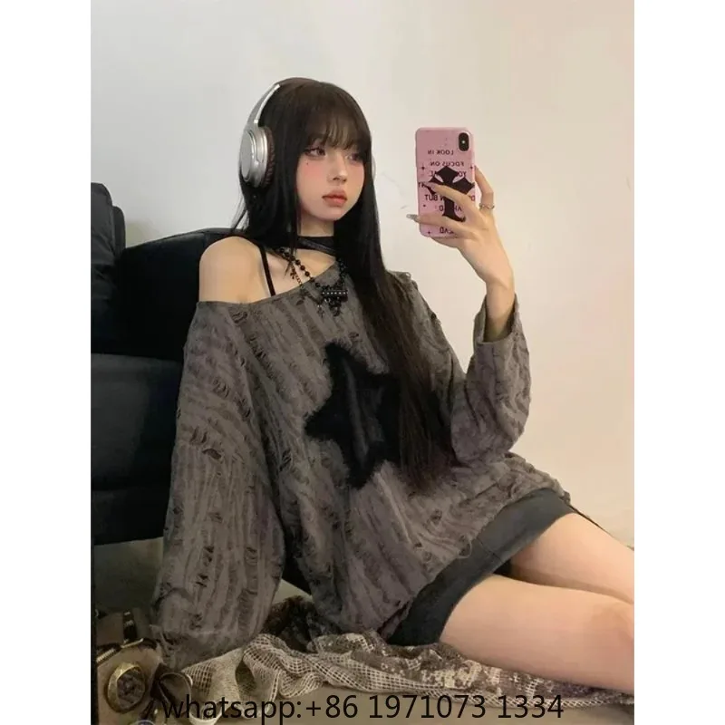 Grunge Hole T-shirt Women Fashion Star Print Y2k Aesthetic Loose Tees Kpop Fairycore Ripped Tshirt Harajuku Gothic Streetwear