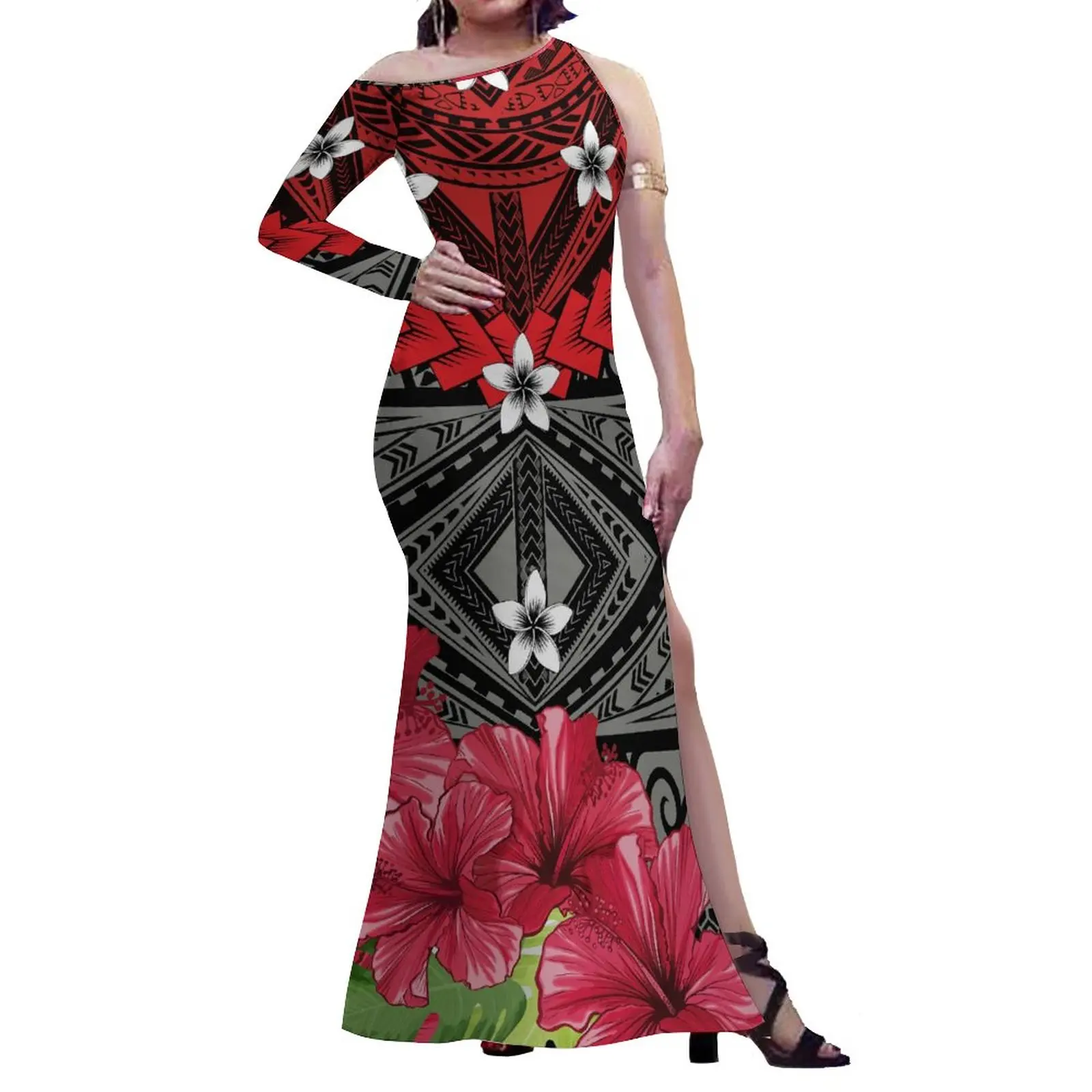 

Polynesian Hawaii Style Hibiscus 3D Print Custom Half Shoulder Dress Pacific Island Art Large Sleeveless Dress Slit Dress