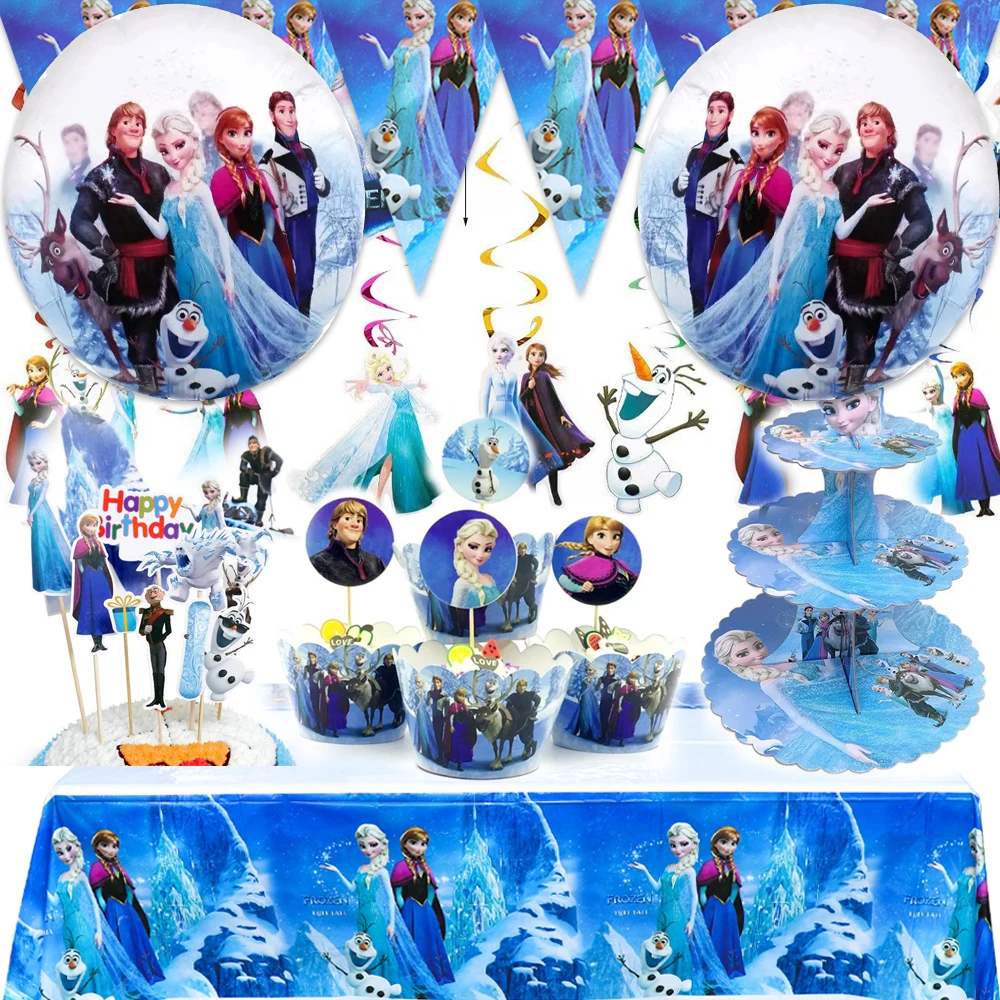 Disney Frozen Princess Theme Tablecloth Plate Cups Happy Birthday Events Party Napkins Flag Spoons Knife Forks Decoration Banner