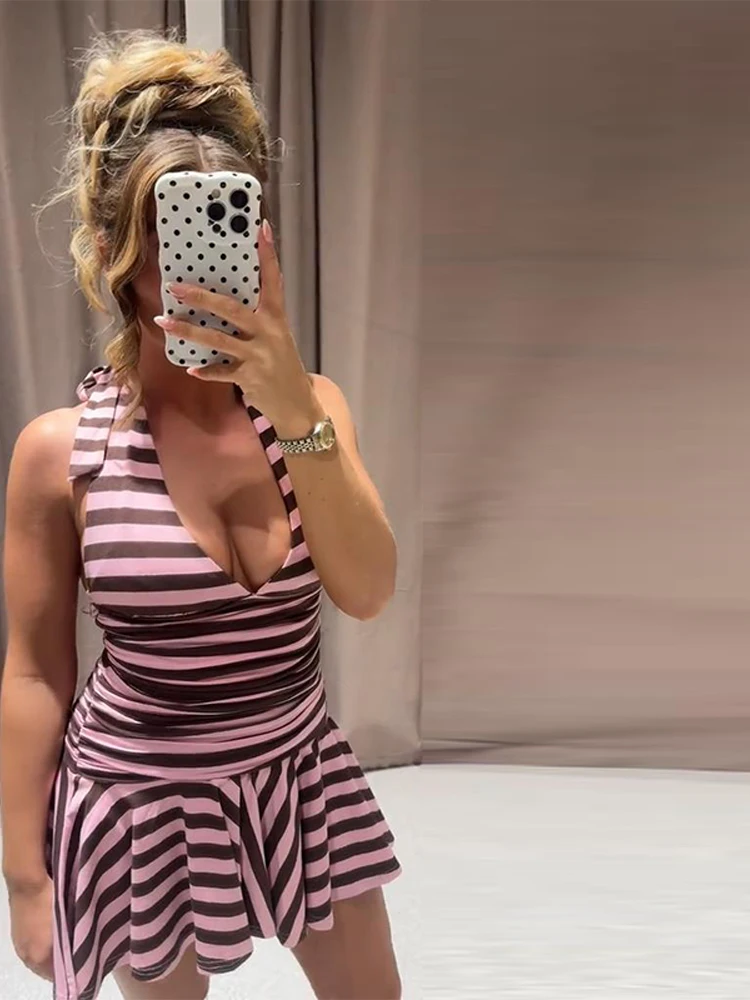 Damen-Minikleid mit tiefem V-Ausschnitt, rückenfrei, Neckholder, gestreift, charmantes, ärmelloses, plissiertes, schmales Partykleid mit Schnürung, neue Roben – Detail 16