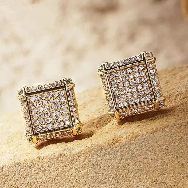Trendy Square Stud Earrings for Male Female Full Paved CZ Sparkling Piercing Accessories Modern Fashion Women Men Jewelry