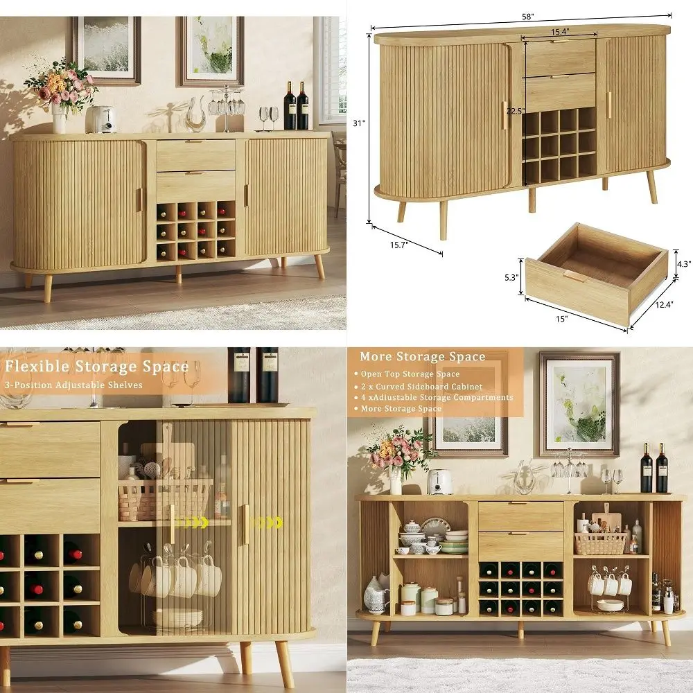 

Bar Cabinet with Fridge Space, Black Liquor Cabinet with Power Outlet amp Led Light, Fluted Wine Cabinet with 2 Tier Countertop