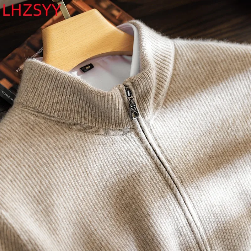 LHZSYY Men\'s 100% Pure Cashmere Knit Cardigan Young/Middle-aged High-End Tops Stand Collar Loose Zipper Jacket Warm Sweater Coat