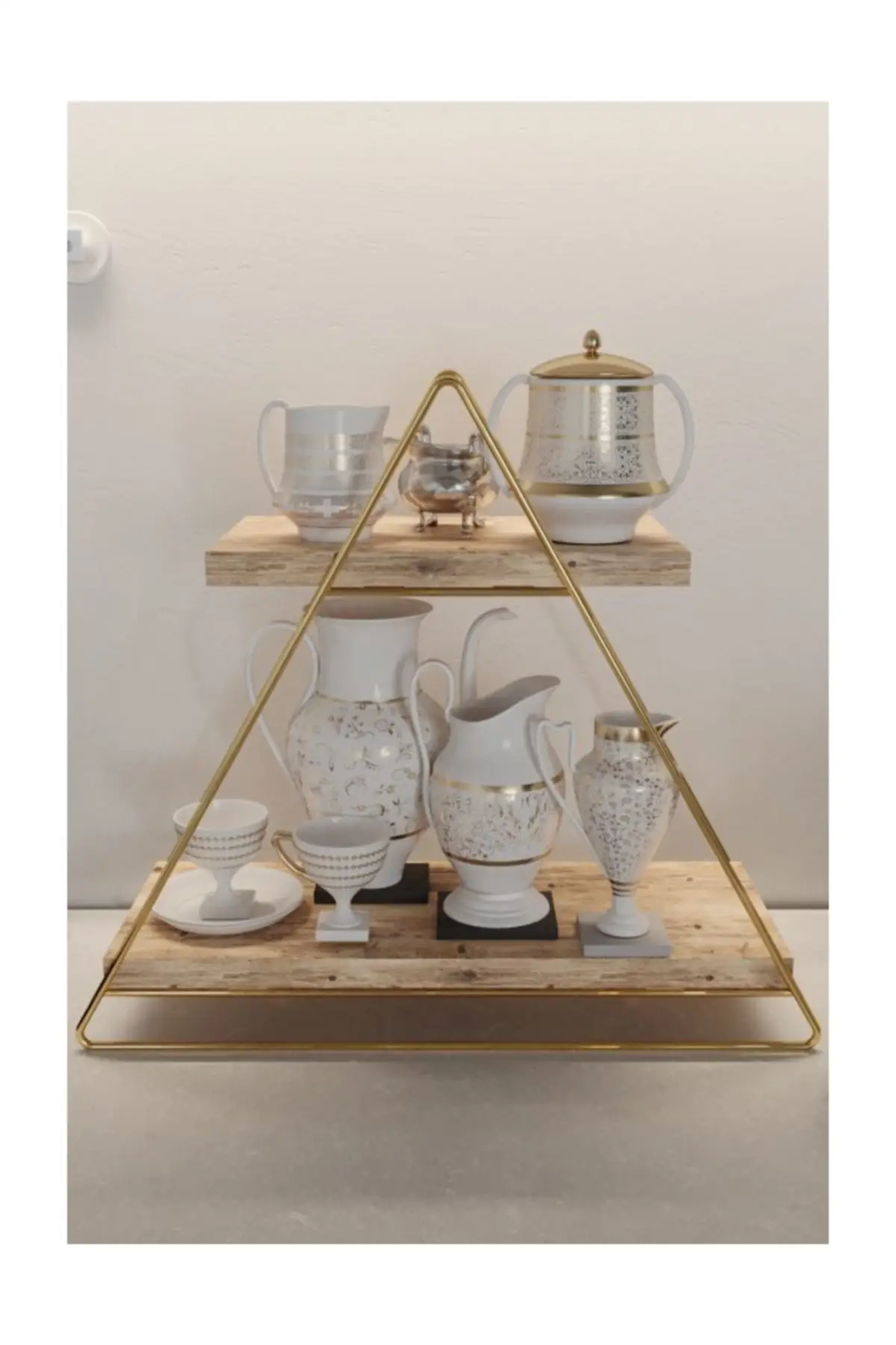 Functional Natural Wood Gold Color Triangle Table Serving Rack Decorative Kitchen Bath Room Organizer Bookshelf Living Room Stain