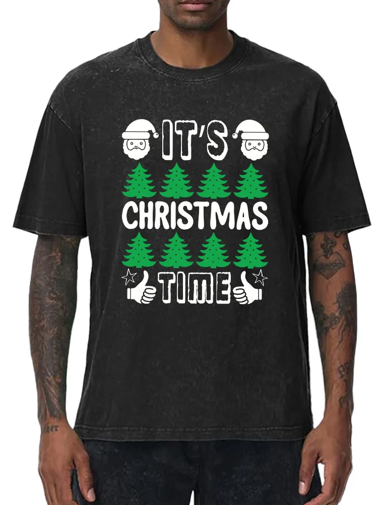 Christmas Time 230g Heavy Cotton Washed Oversized T-Shirt for Men Christmas Graphic Tee Retro Casual Top