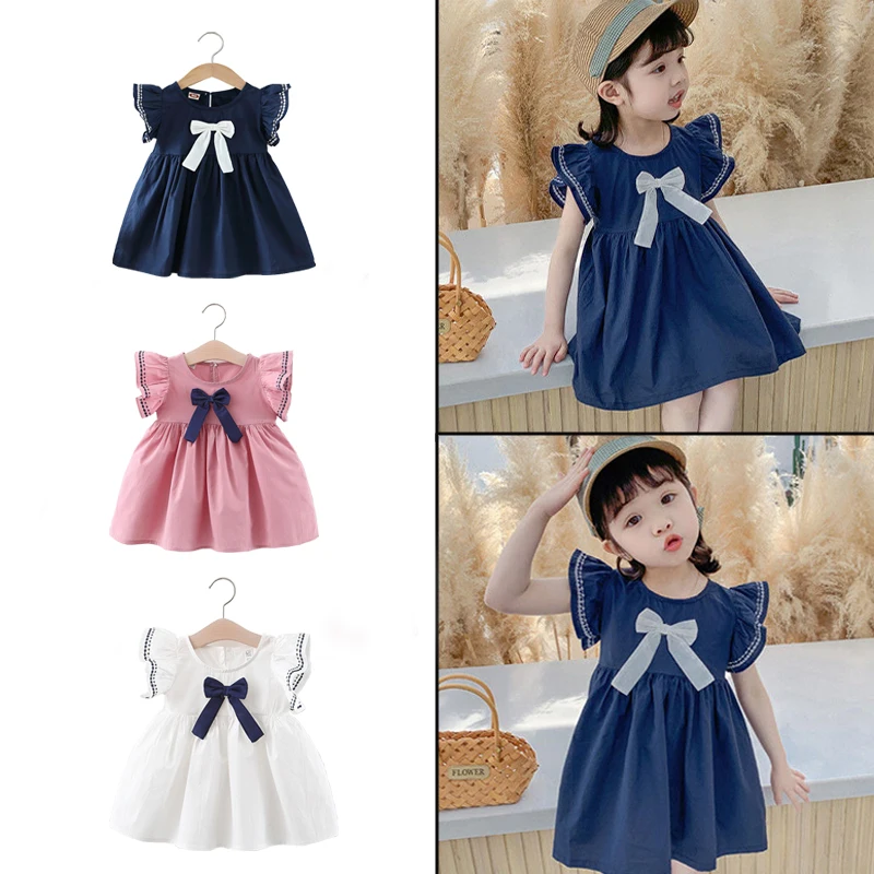 

Summer Girls Little Flying Sleeve Dress Children Bow Princess Sweet Heart Baby Sleeveless Beach Dress For 2-6T Girl Casual Dress