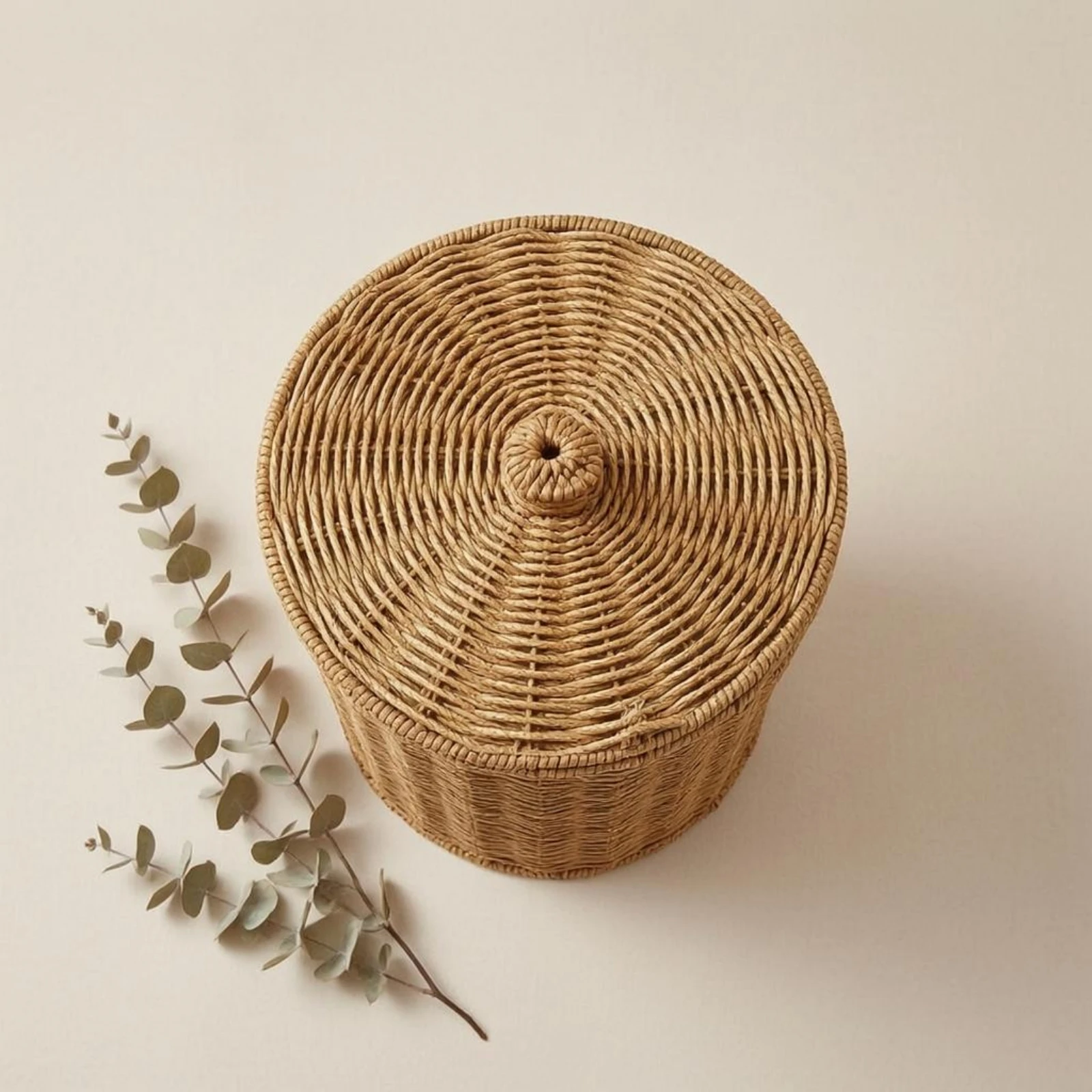

Lidded Storage Basket Fitted Lid Round Rattan Basket Home Organizer Loop Knob Decorative