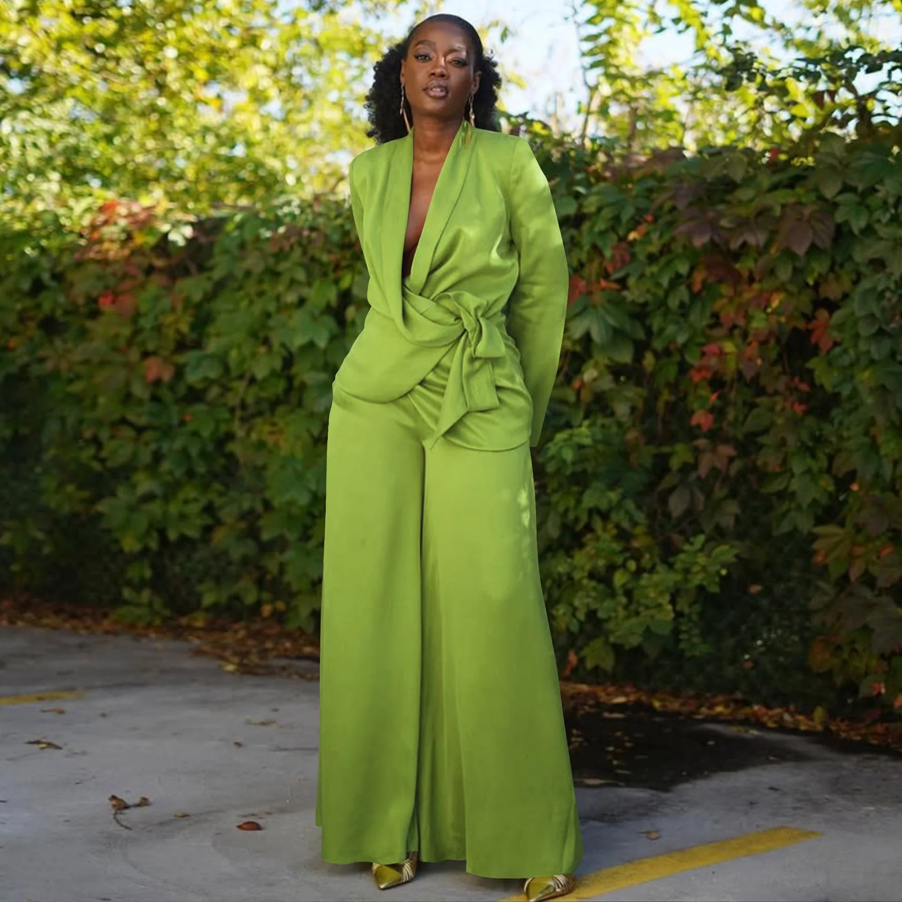 

Весенний элегантный женский свободный пиджак на шнуровке с длинными рукавами и широкие брюки, костюм для офиса, уличный женский костюм