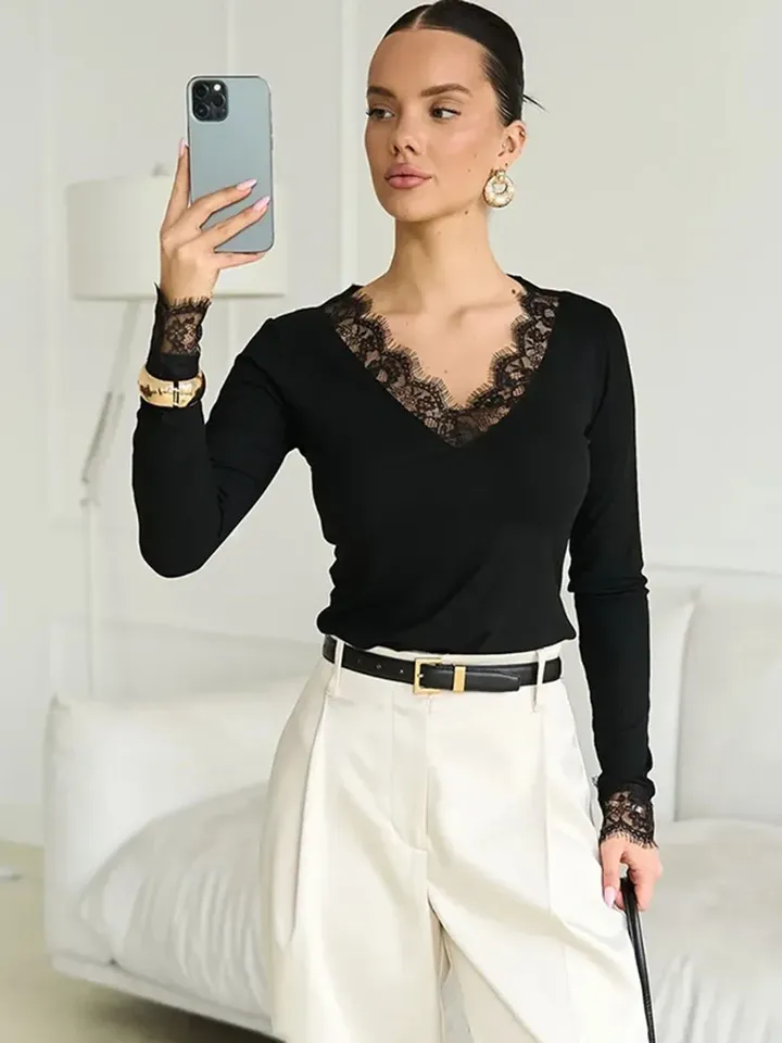  Women's Casual Top Solid Sexy V-Neck Lace Splicing Long Sleeve 2026 Spring Fashionable Elegant Office Night Out Ladies' Clothing 