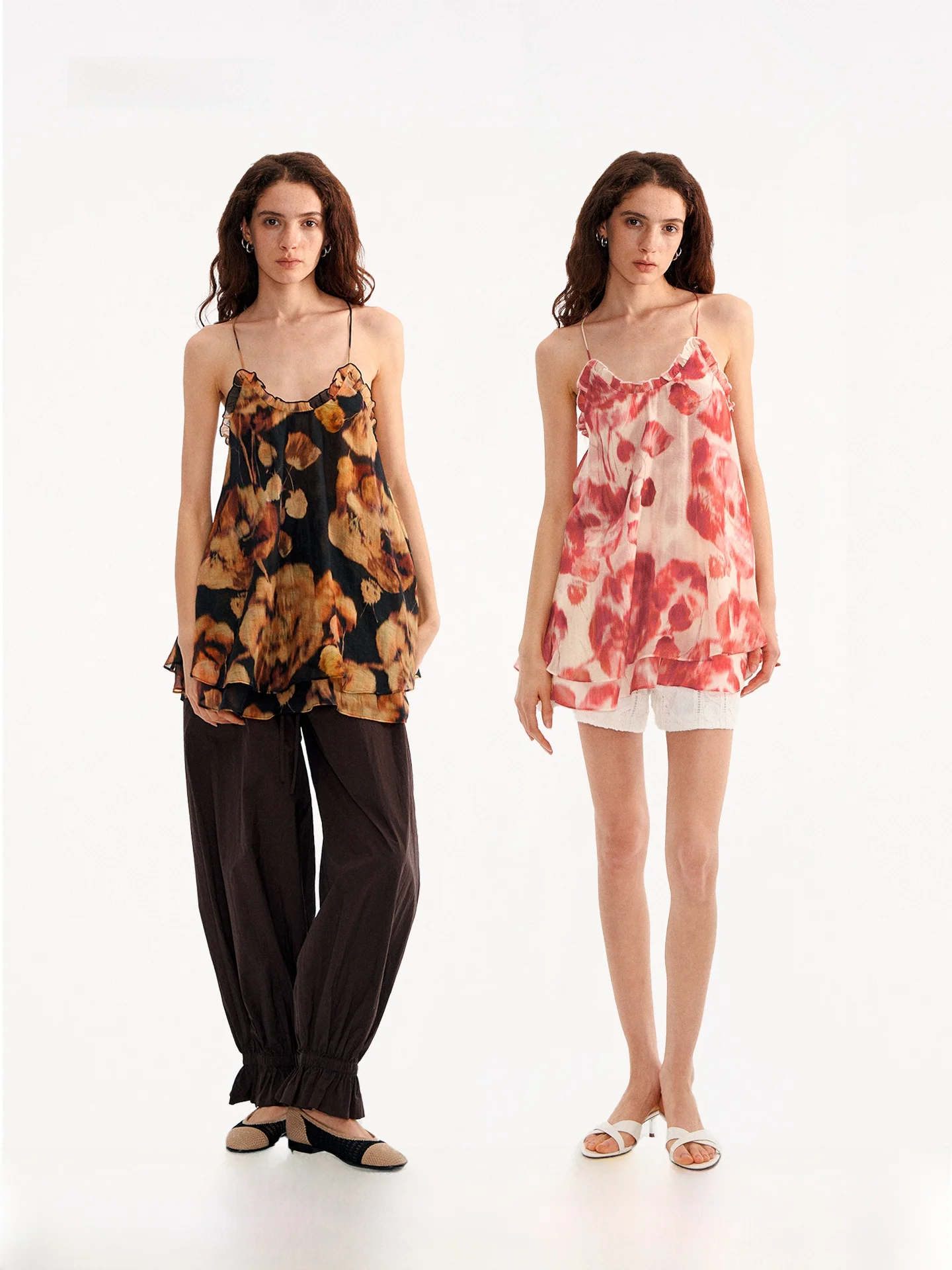 

Loose V-neck Floral Print Strapless Vest Double Layered Bell Sleeveless Top Women's Summer Casual Fashion Ruffle Hem