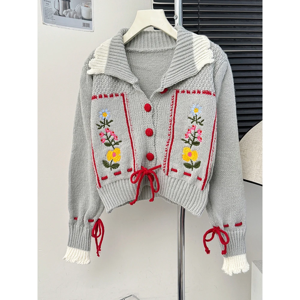 Women Cute Weaters Turn Down Collar Embroidery Floral Long Sleeve One Breasted Cardigan Coat Autumn Winter Warm Knitted Jackets