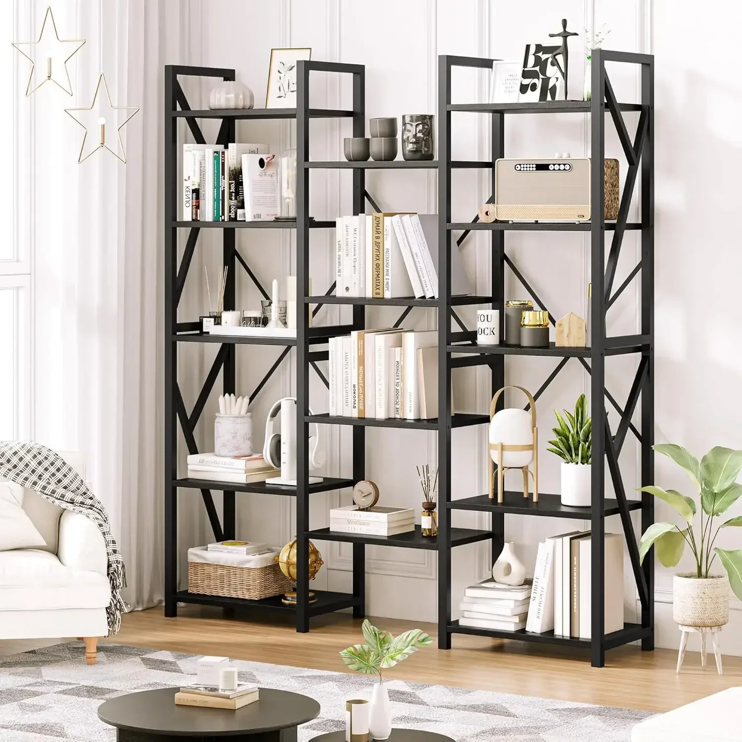 

Triple Wide 5 Tier Book Shelf, Tall Bookshelf with Open Display Shelves, Large Bookshelves and Bookcases with Metal Frame-Black