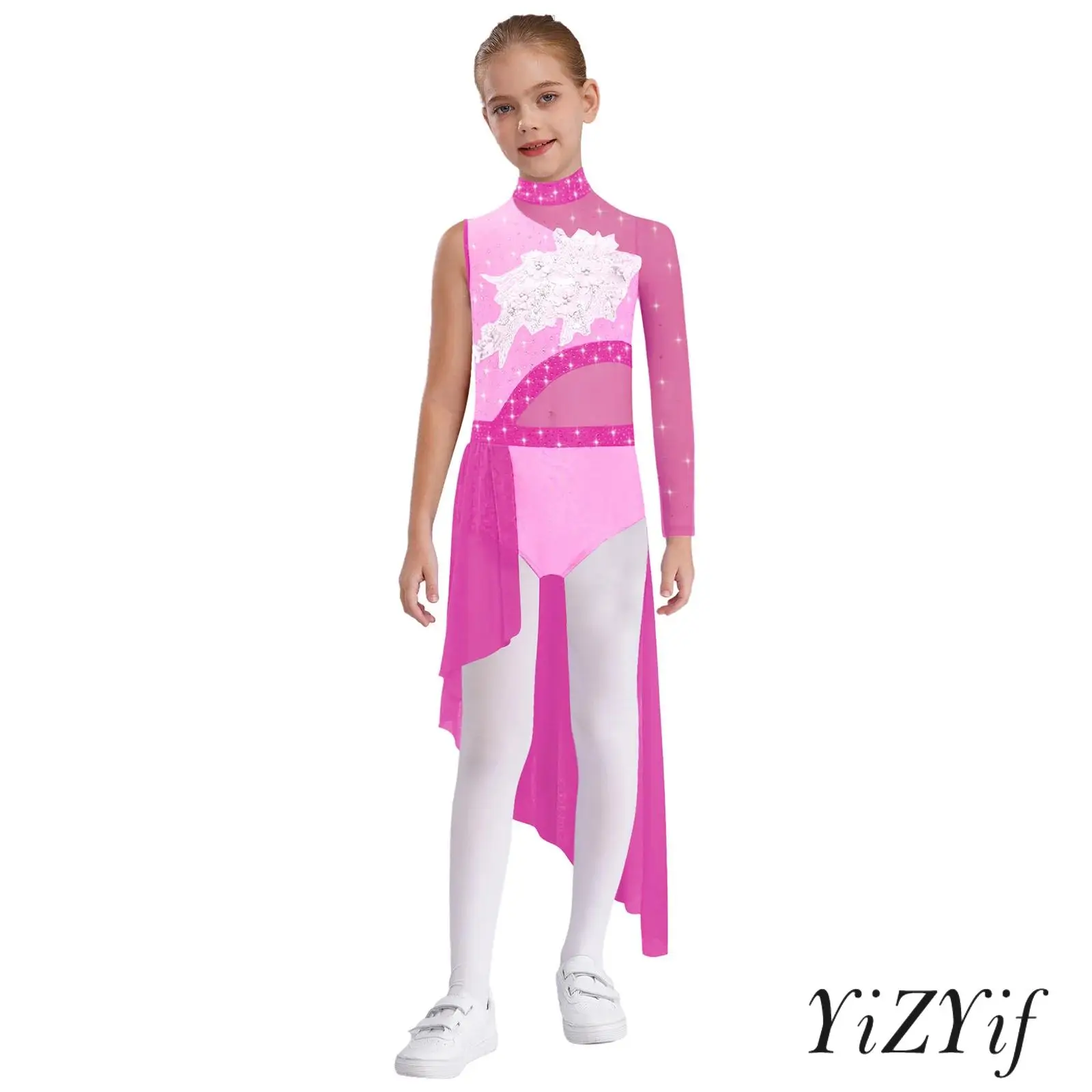 

‌Elegant Single-Sleeve Patchwork Dance Dress for Girls Press Button Mock Neck Sparkling Rhinestone Embellishments Dancewear
