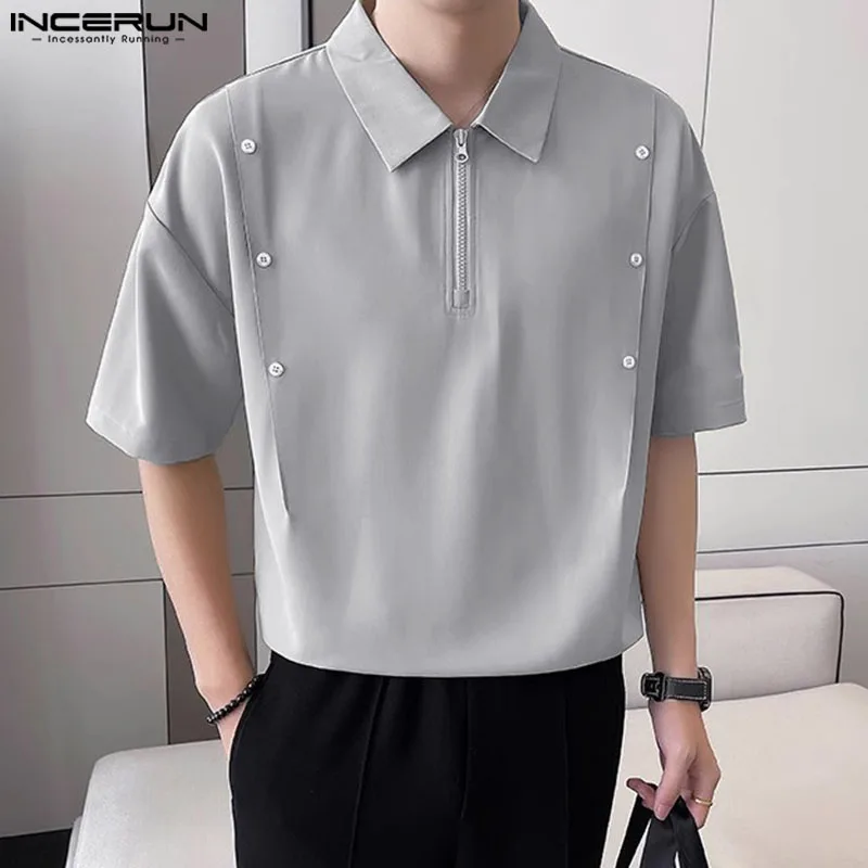 

INCERUN Tops 2024 Korean Style Men's Solid Drape Half Zipper Shirts Casual Simple Summer Street Short Sleeved Lapel Blouse S-5XL