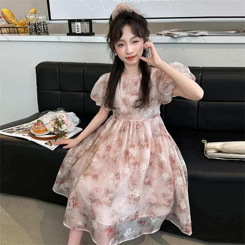 Girls Summer Dress 2024 new CuHK children Korean edition floral chic princess dress 6-12 years old 15 years old sweet