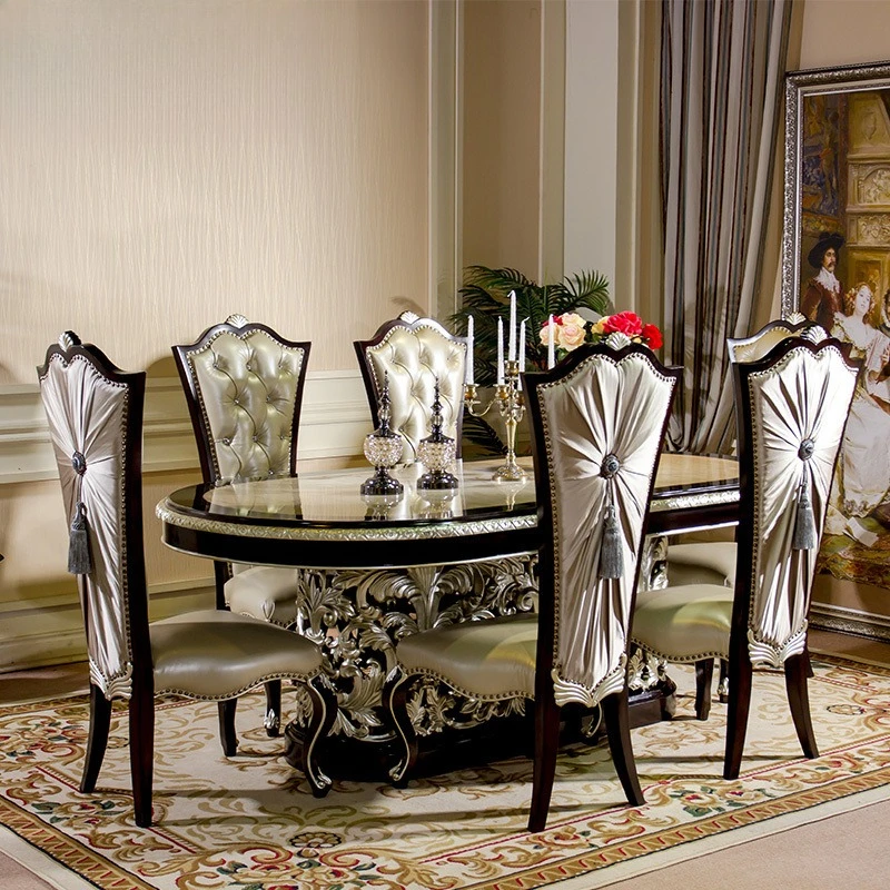 Table solid wood carving champagne silver shell oval large dining table leather dining chair combination