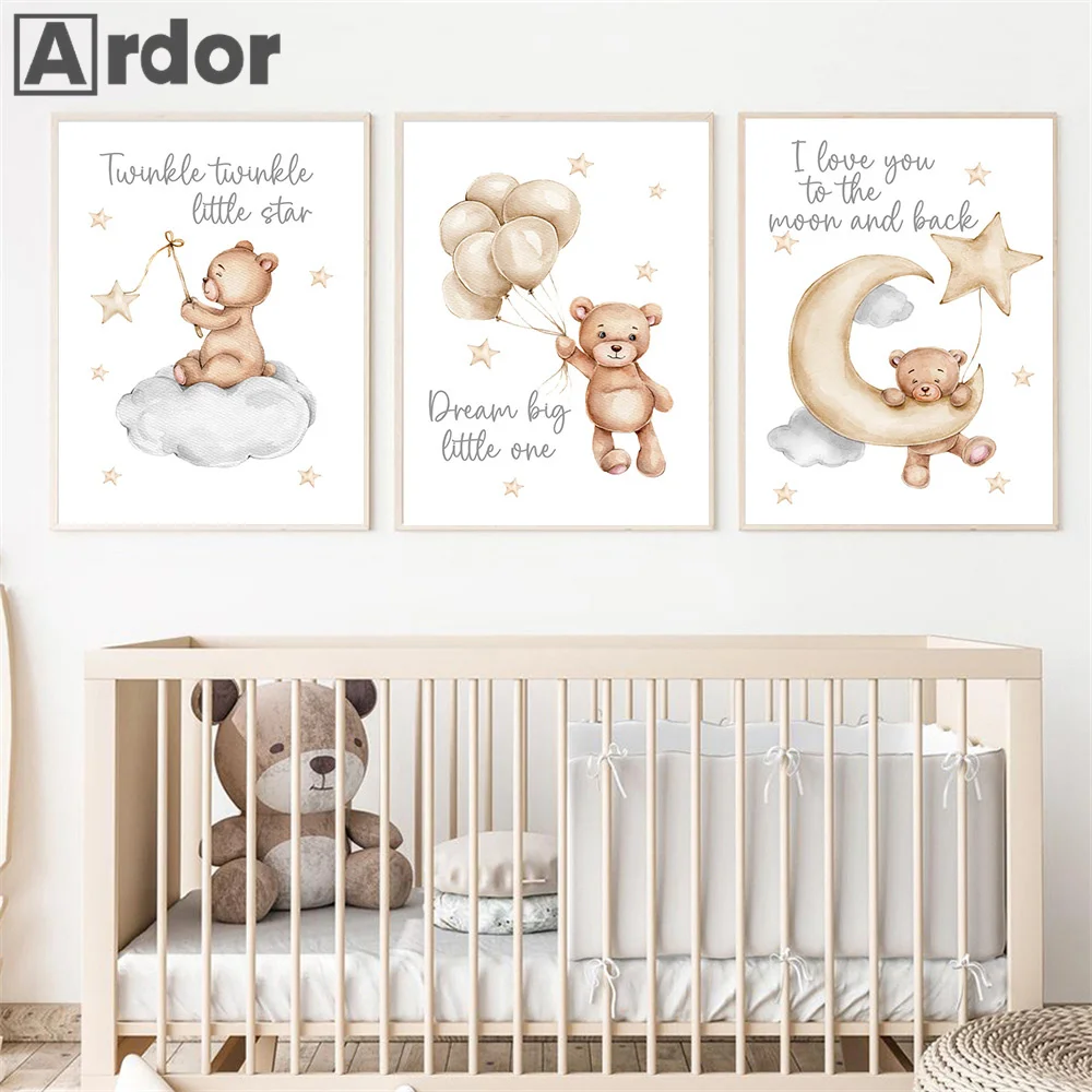 

Nordic Bear Moon Star Balloon Nursery Poster Quotes Canvas Painting New Baby Girl's Boy's Wall Art Prints Bedroom Playroom Decor