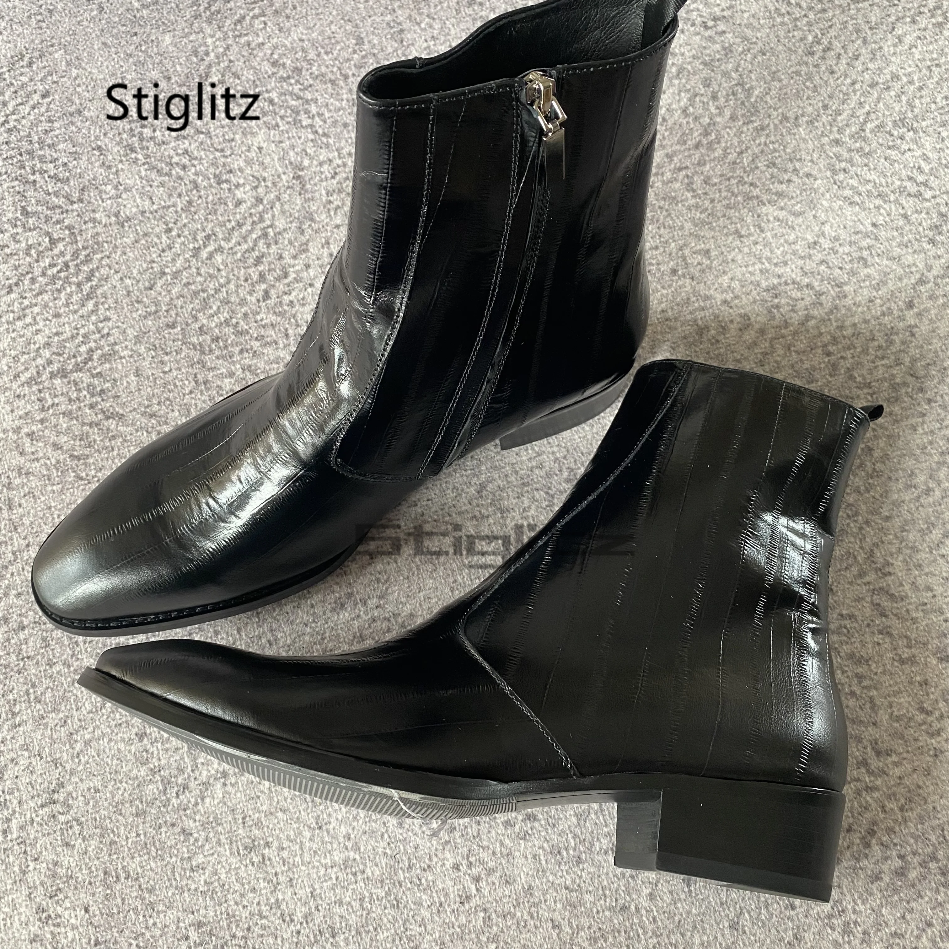 

British Black Leather Chelsea Boots for Men Real Cowhide Med Heels Pointed Toe Zipper Short Boots Handmade Trendy Business Shoes